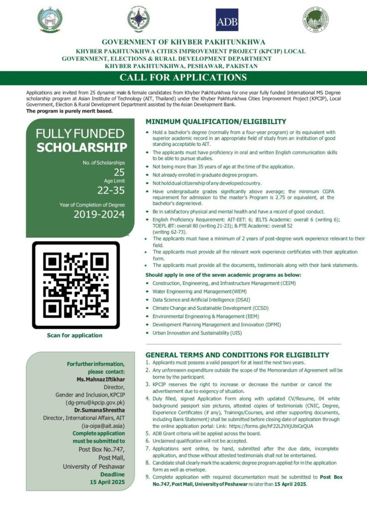 Fully Funded Master's Scholarships for Khyber Pakhtunkhwa Youth