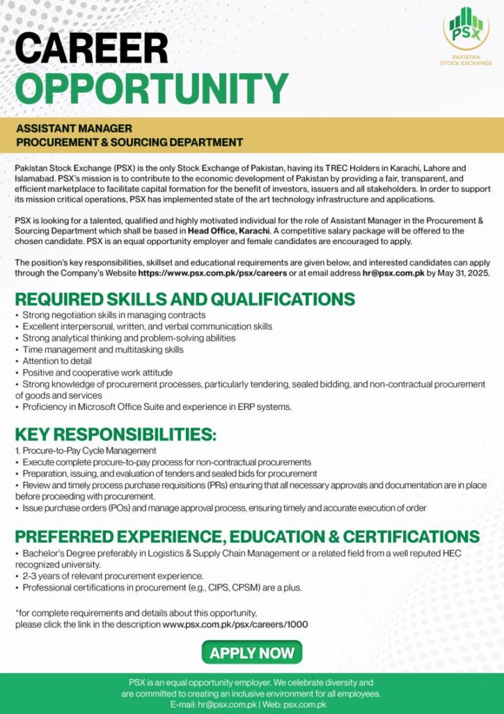 Join Pakistan Stock Exchange as Assistant Manager – Procurement & Sourcing