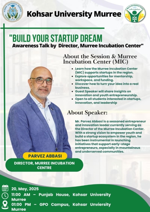 Empowering Mountain Entrepreneurs: Parvez Abbasi to Lead Startup Awareness Session at Murree Incubation Center