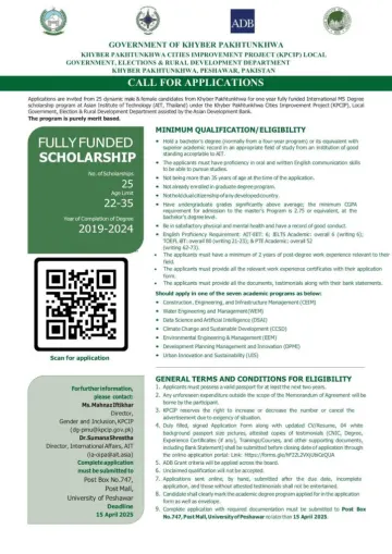 Fully Funded Master's Scholarships for Khyber Pakhtunkhwa Youth