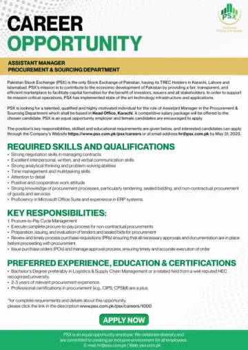 Join Pakistan Stock Exchange as Assistant Manager – Procurement & Sourcing