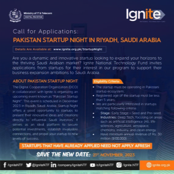 Apply for "Pakistan Startup Night" in Riyadh, Saudi Arabia. Event Date: December 2023, Excerpt: Seize the opportunity to showcase your startup in Riyadh. Secure potential investments and establish invaluable connections