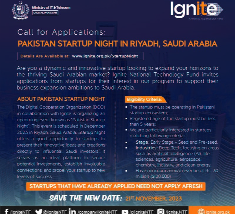 Apply for "Pakistan Startup Night" in Riyadh, Saudi Arabia. Event Date: December 2023, Excerpt: Seize the opportunity to showcase your startup in Riyadh. Secure potential investments and establish invaluable connections