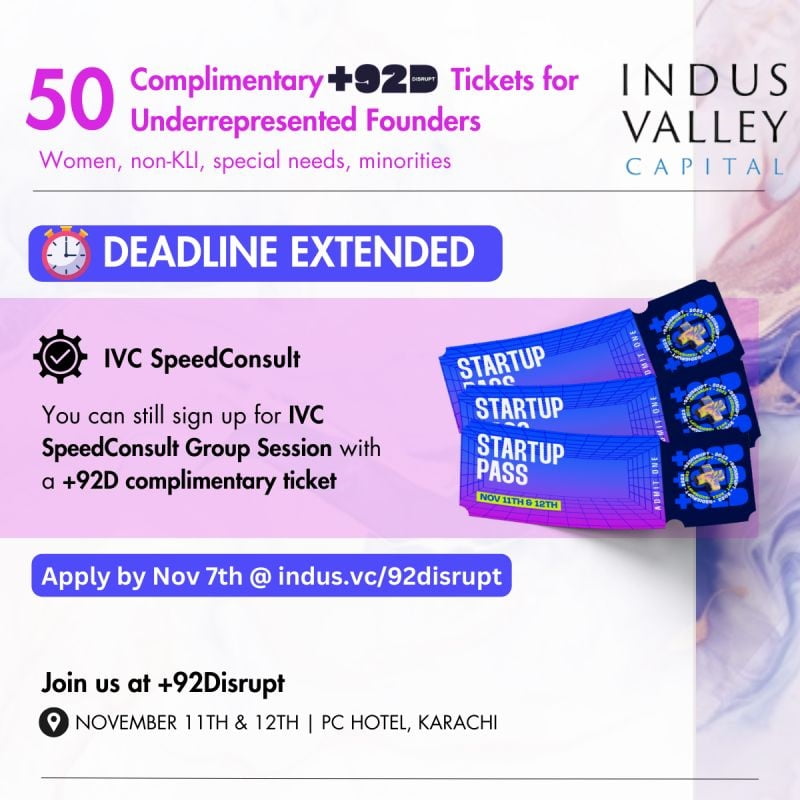 Founders with under-represented backgrounds, apply by tomorrow Nov 7th at indus.vc/92disrupt to win a complimentary ticket to +92Disrupt Karachi conference organized by Katalyst Labs.