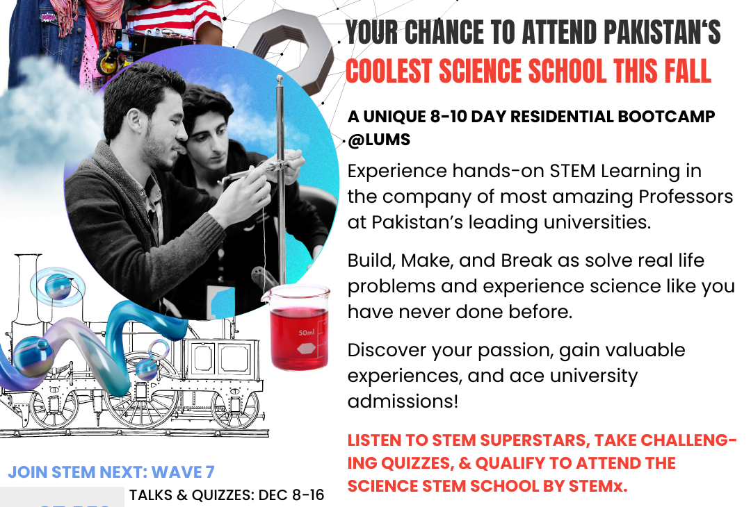 Unlock the potential of STEM education at the STEM: NEXT WAVE 7 Bootcamp. Immerse yourself in hands-on learning and real-life problem-solving at LUMS. Join us for an unforgettable journey